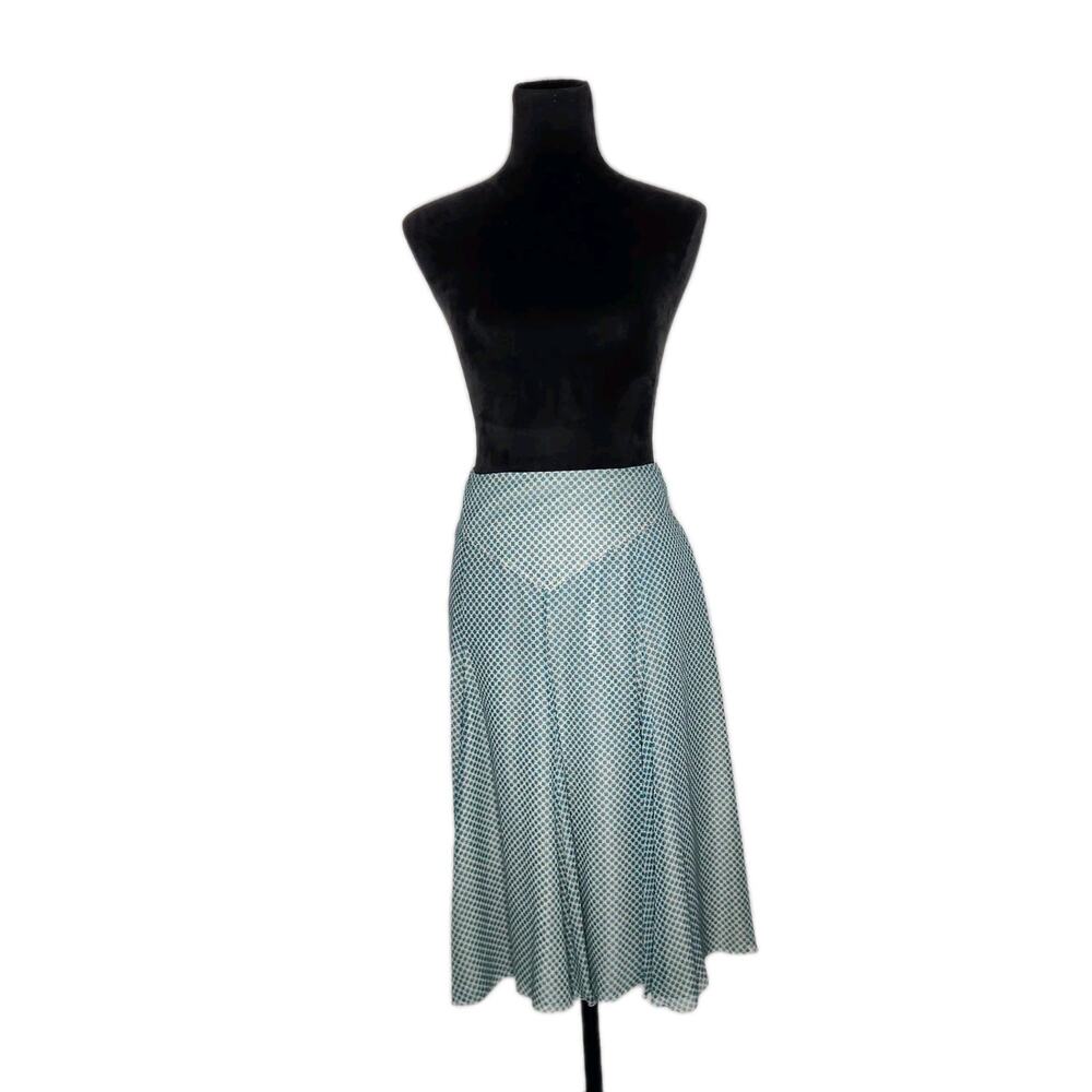 Loro Piana 100% Silk A-Line Midi Skirt Blue White Geometric Print Italy Size 46